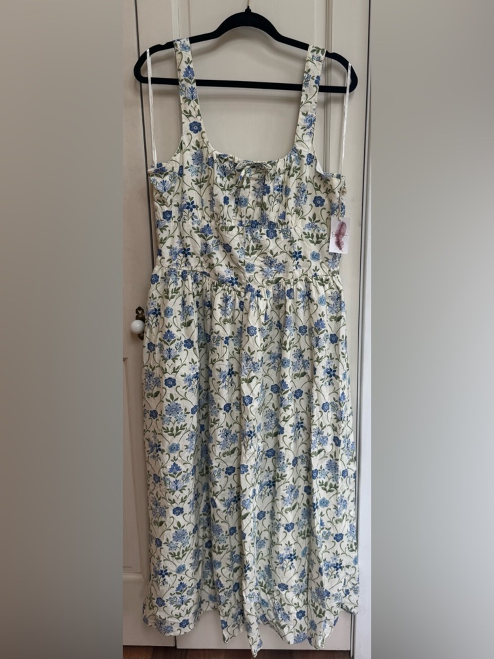 Jessica Simpson Floral Smocked Midi Dress NWT XL Blue White Cotton Pockets 🦋